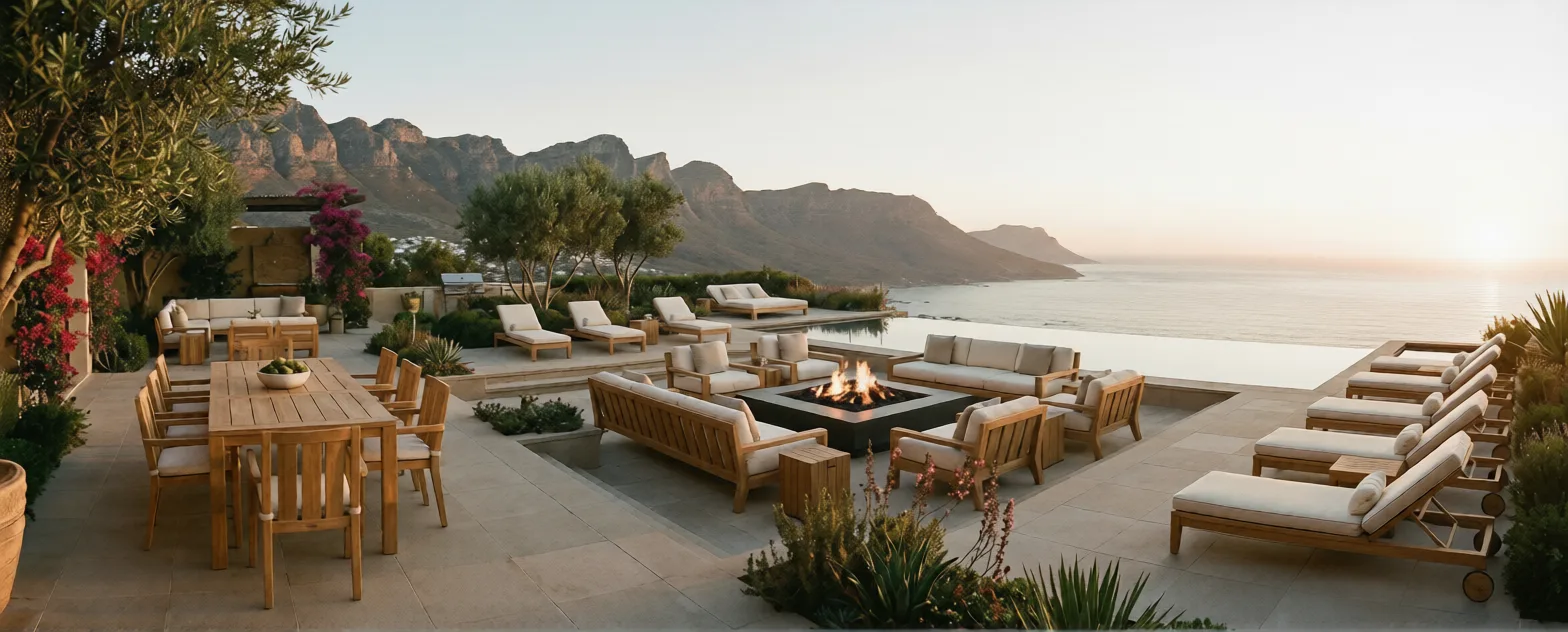 Luxury outdoor terrace at golden hour with teak furniture collection