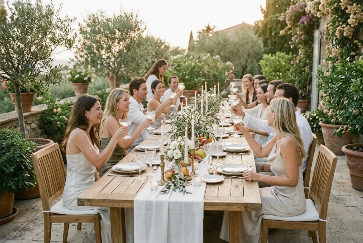 Outdoor dinner party with teak dining table