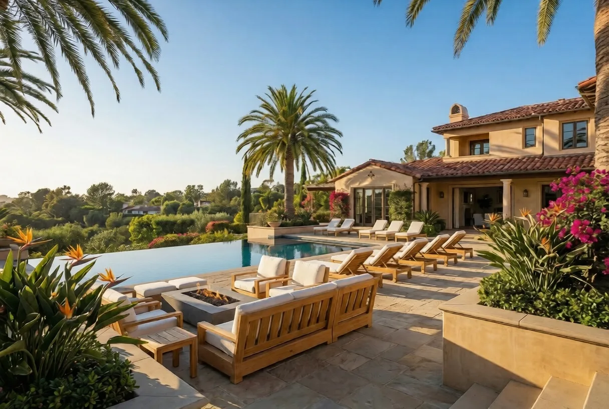 Resort-style backyard with teak furniture