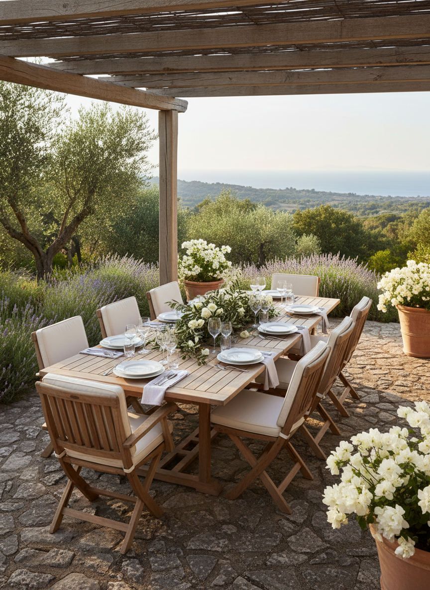 Premium teak dining set in an outdoor garden setting